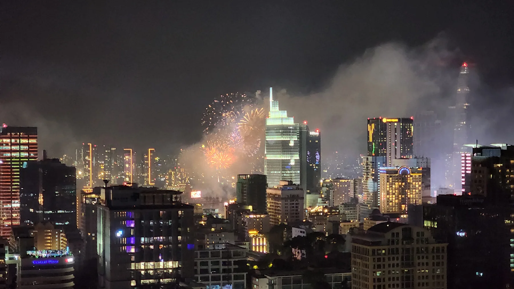 Fireworks above the Ho Chi Minh City skyline at night