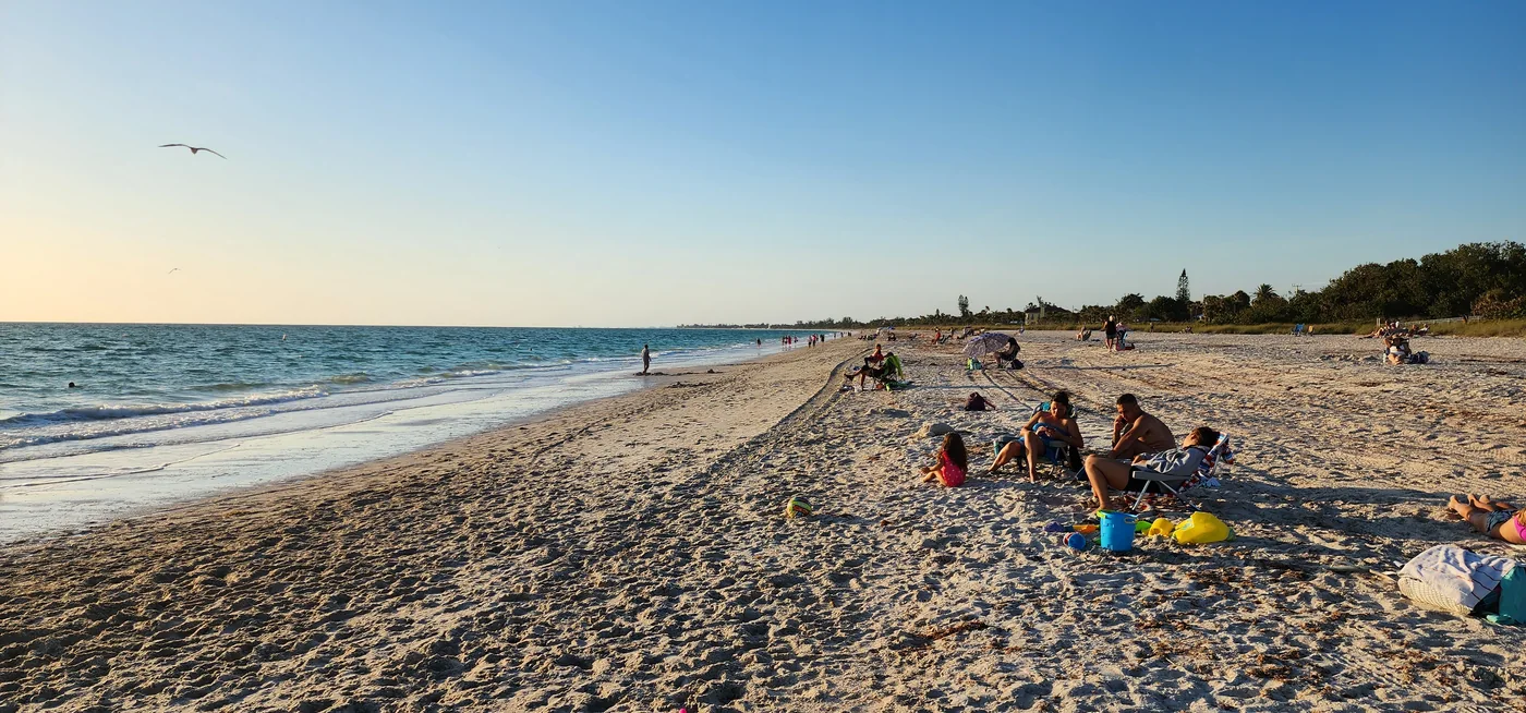 People enjoying the Sarasota shoreline in evening sunlight