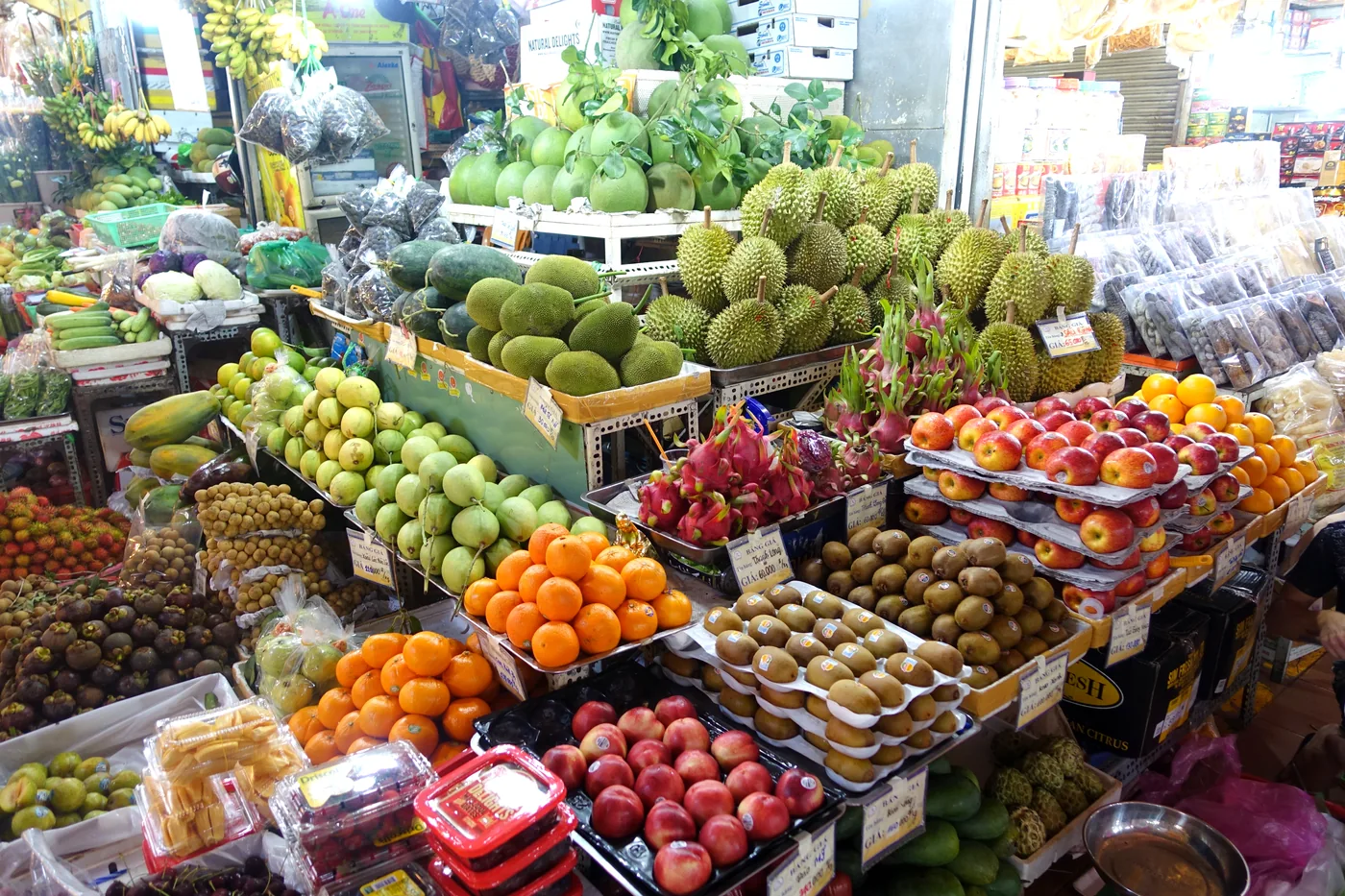 Produce stalls inside Bến Thành Market